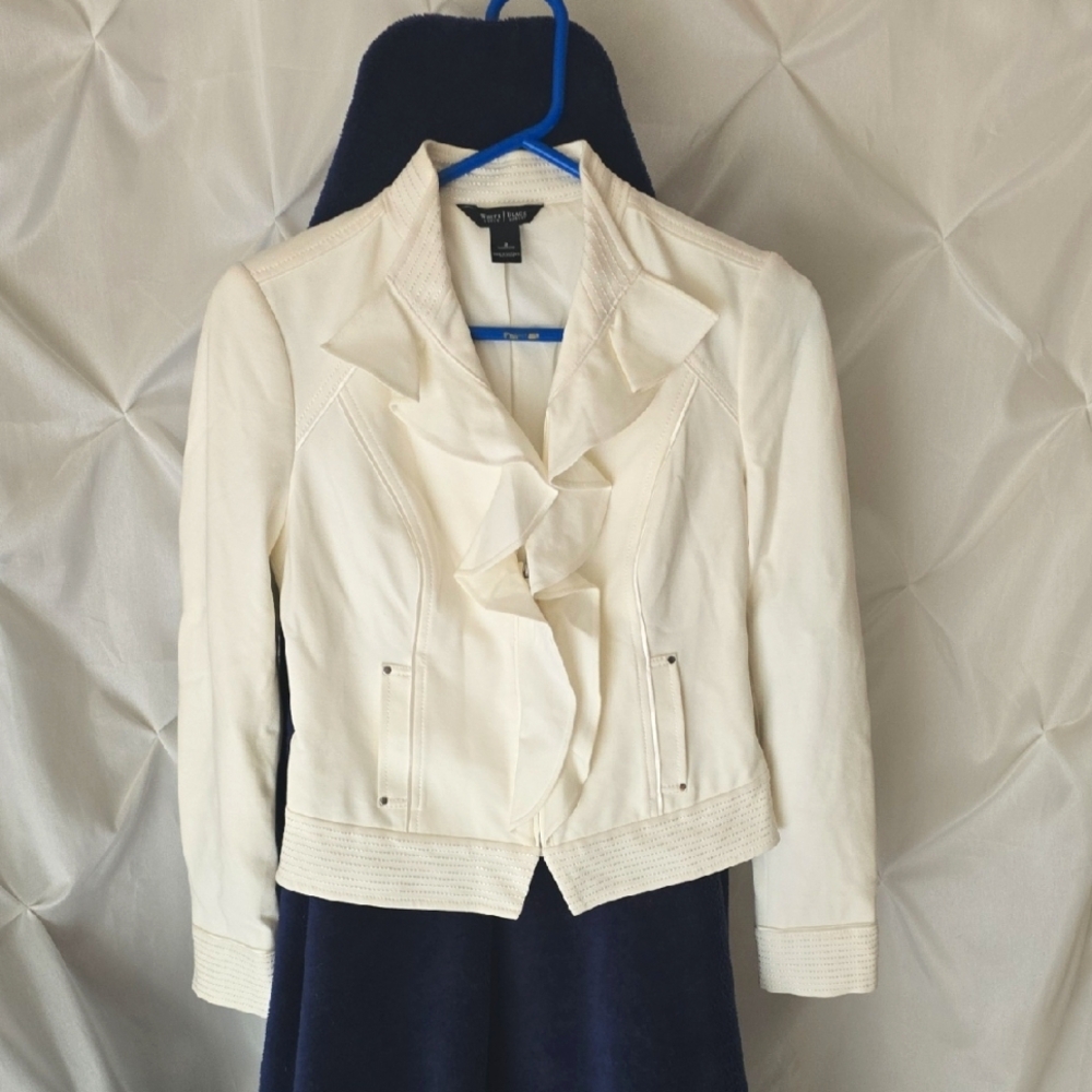 White House Black Market Cream Ruffle Jacket.